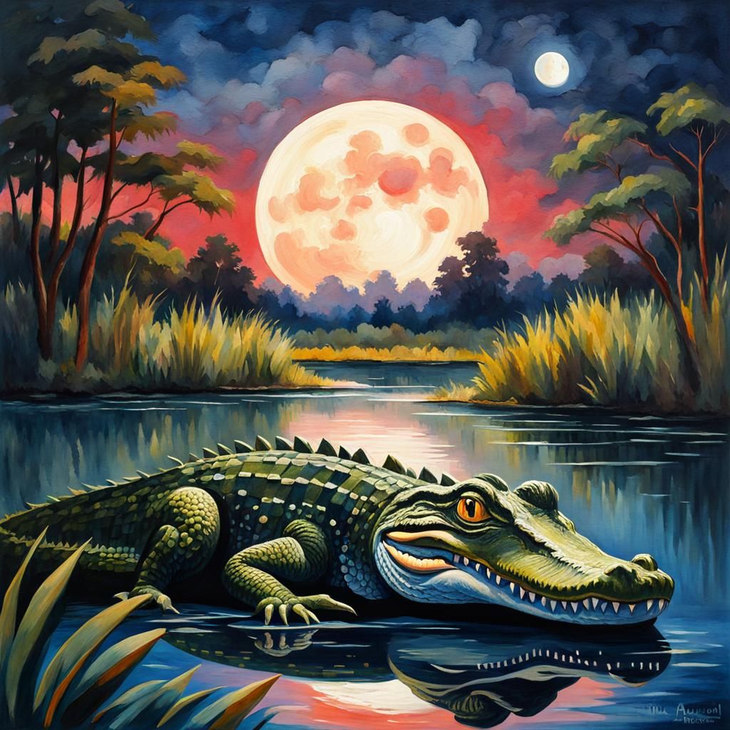 Alligator Swimming Under Beaming Moon: Gouache Watercolor