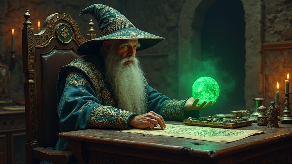 Elderly Wizard Studies Ancient Egyptian Artifacts in Dimly L...