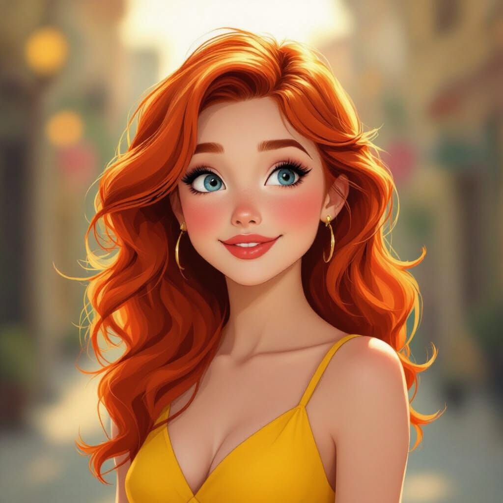 Whimsical Portrait of a Woman with Red Hair in Golden Light