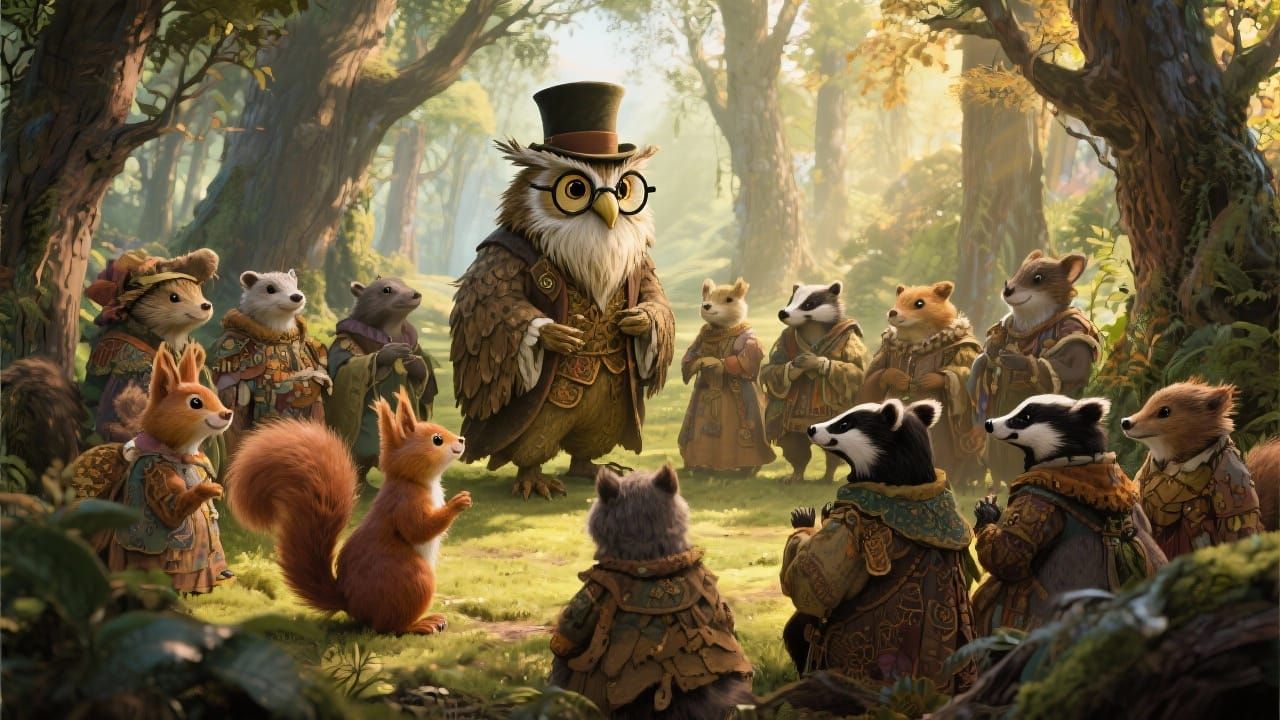 Woodland Creatures Gather in Sunlit Clearing