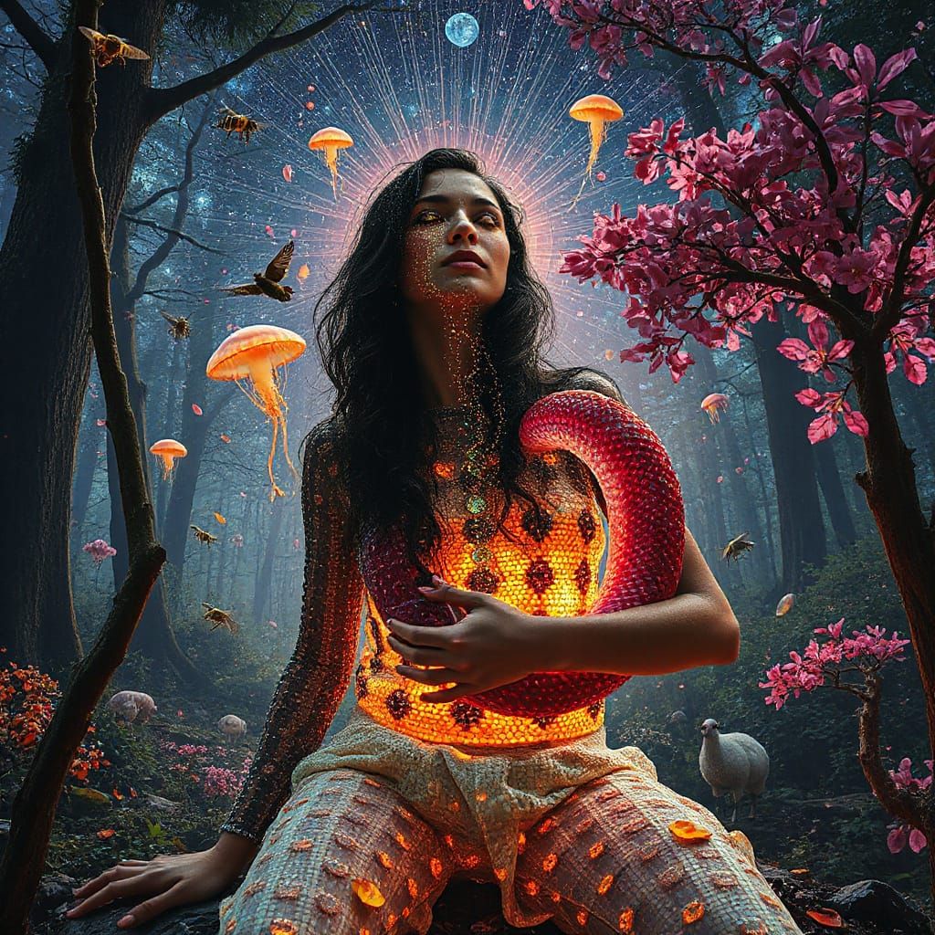 Surreal Bio-Art Woman in Trance in Enchanted Forest