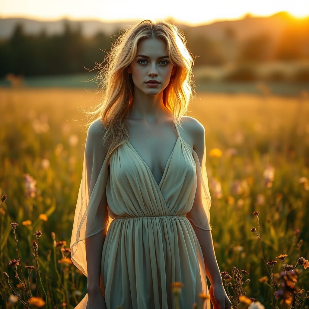 Turquoise Woman in Meadow at Golden Hour, Hyperrealistic