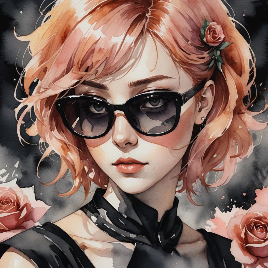 Watercolor Anime Portrait of Woman with Rose Hair
