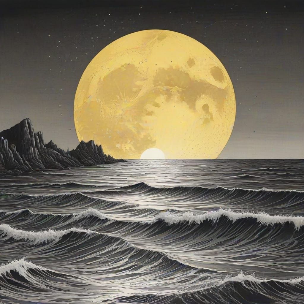 Surreal Cosmic Landscape with Moon and Ocean