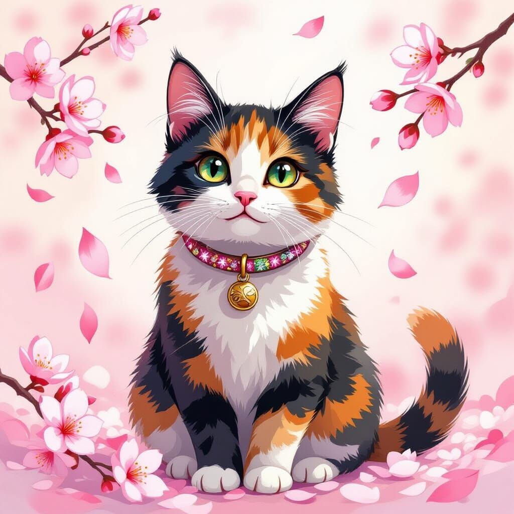 Tortoiseshell Cat in Cherry Blossoms, Watercolor Style