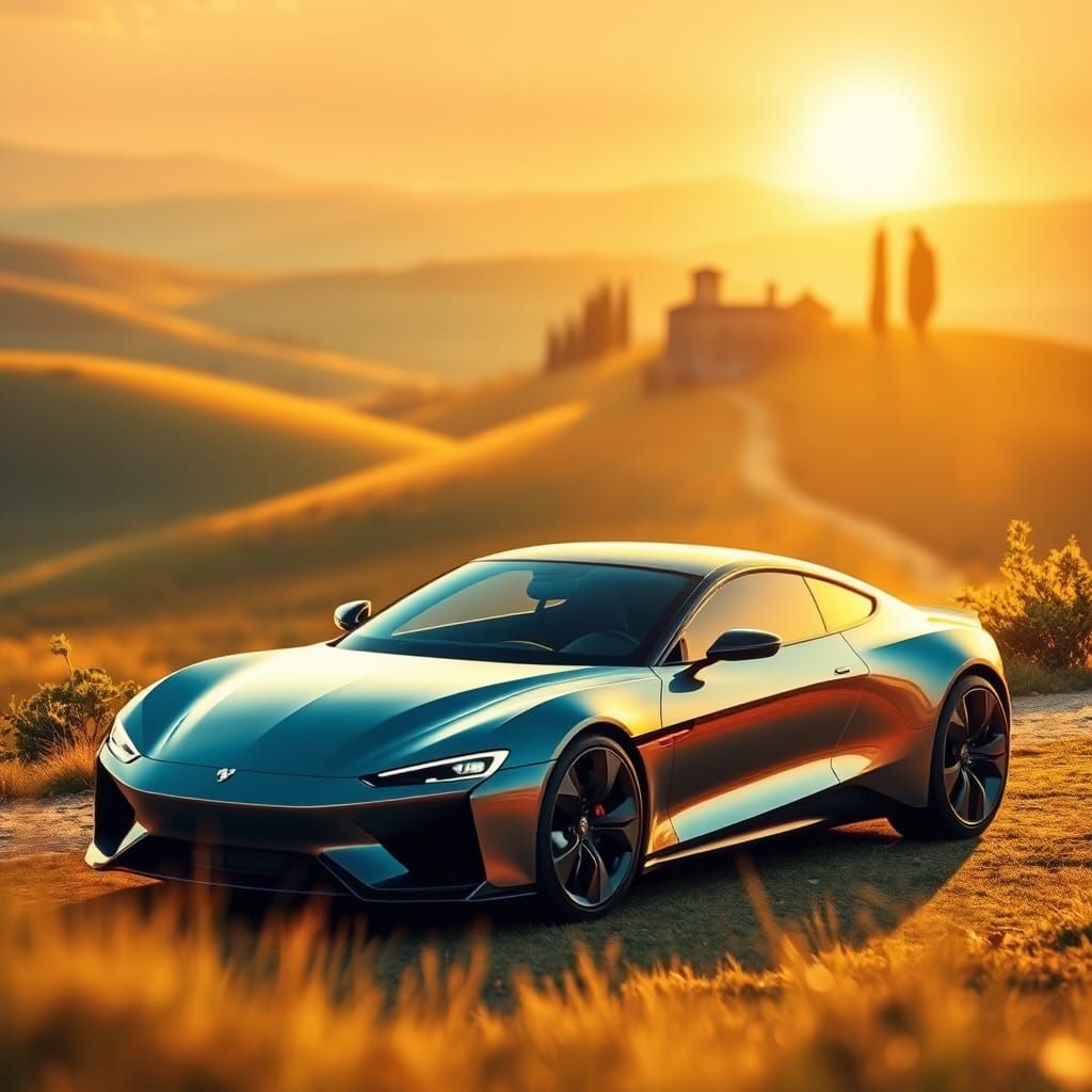 Italian Landscape with Sleek Car in Golden Light