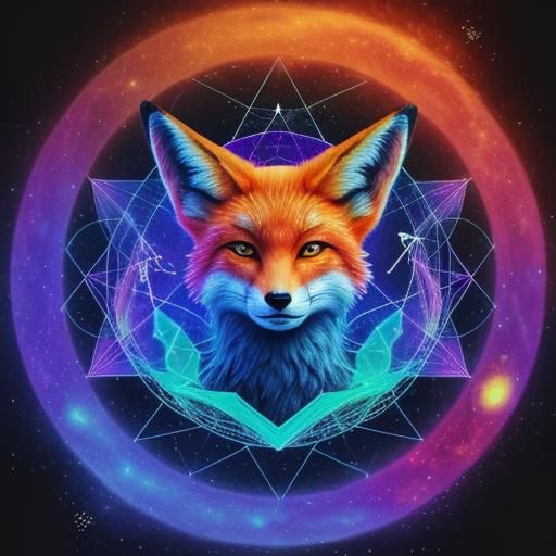 Holographic Kitsune Fox in Astral Cosmic Illustration