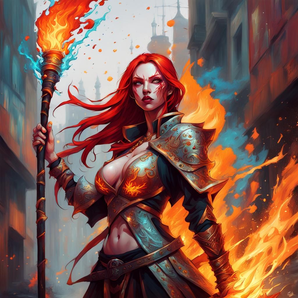 Fiery Sorceress with Spear in Graffiti Art Style