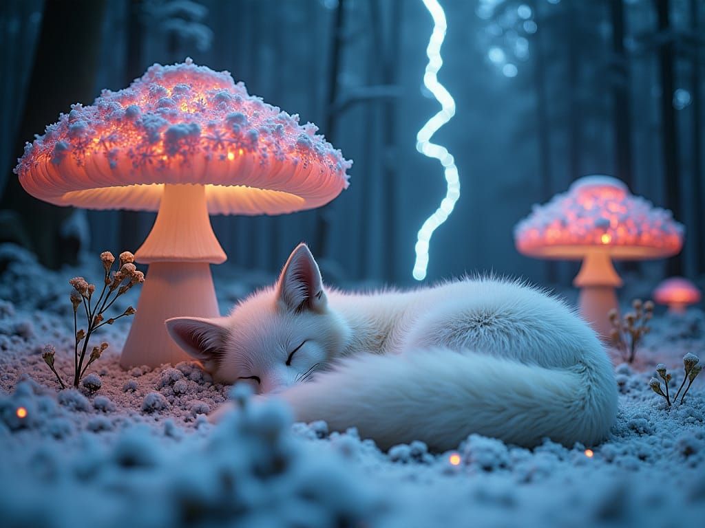 Sleeping White Fox in Iridescent Forest