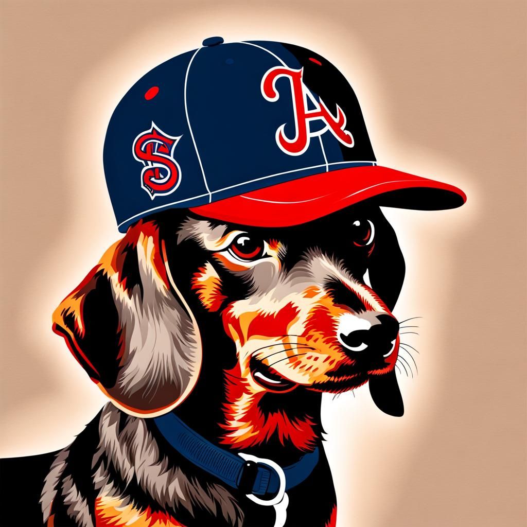 Brindle Dachshund Braves Fan with Baseball Cap