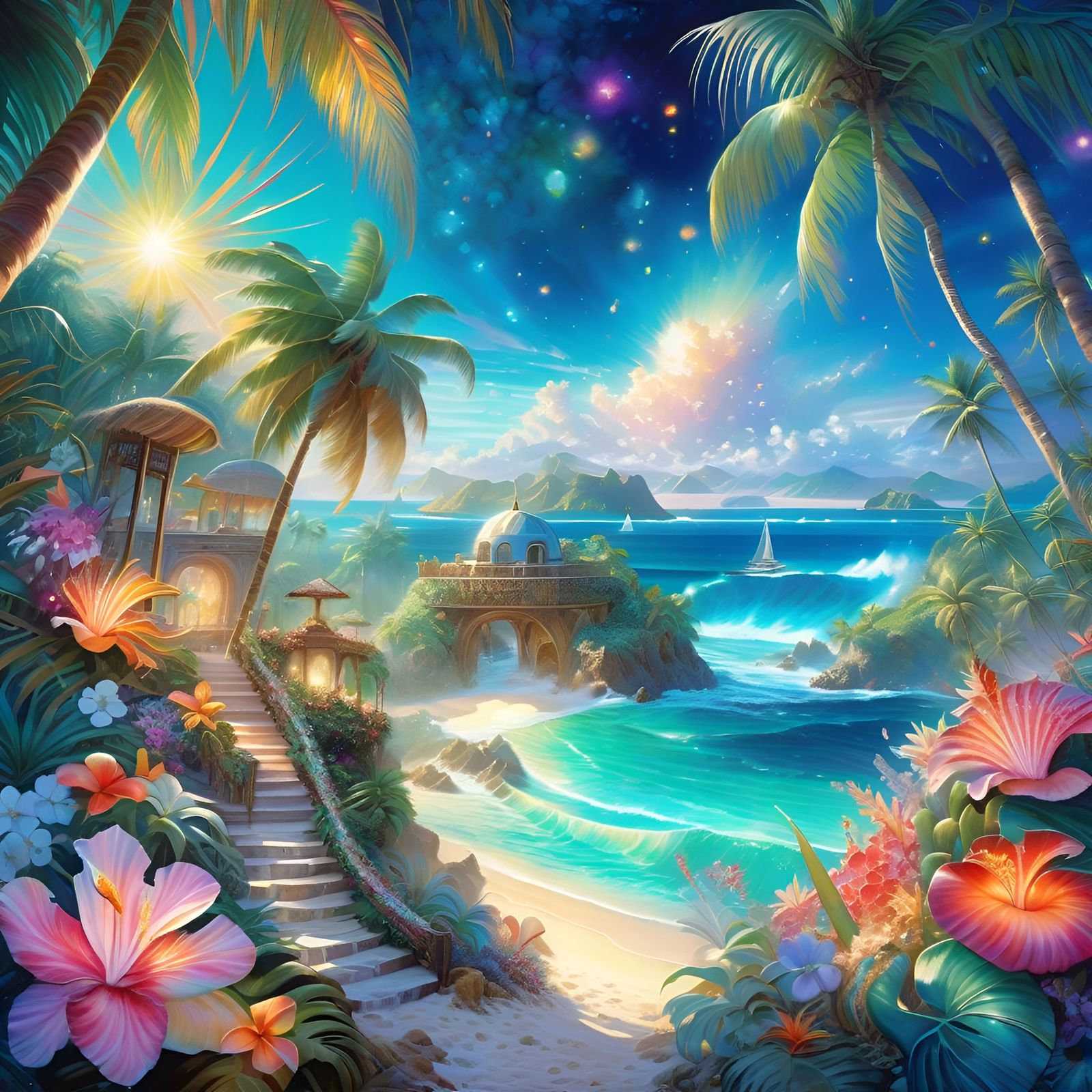 Lush Tropical Island with Magical Flowers in Watercolor Styl...