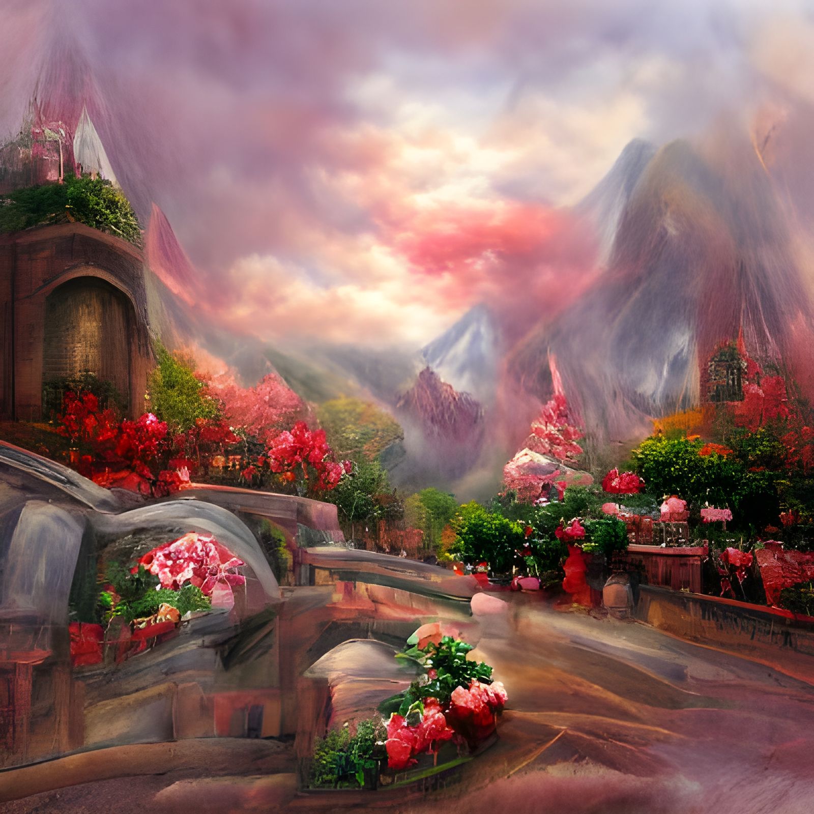 Mountain Valley with Blood Roses: Ethereal Fantasy