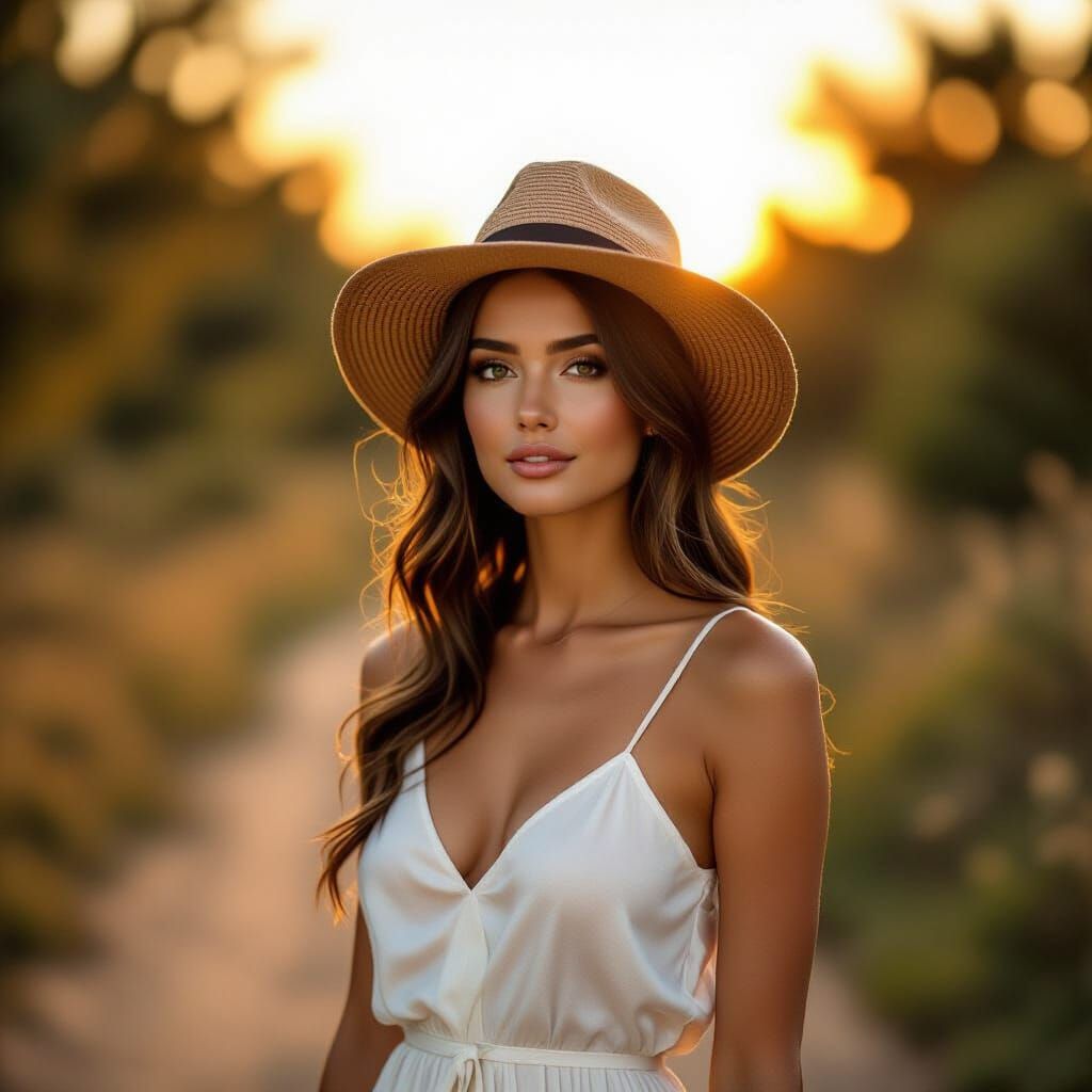 Elegant Lady Strolling at Golden Sunset