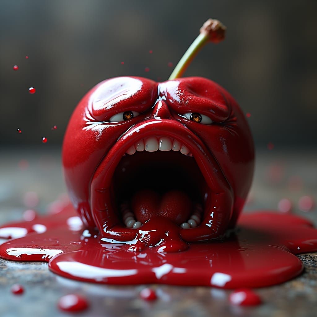 Terrified Cherry Consumed on Cake in Photorealistic 8K