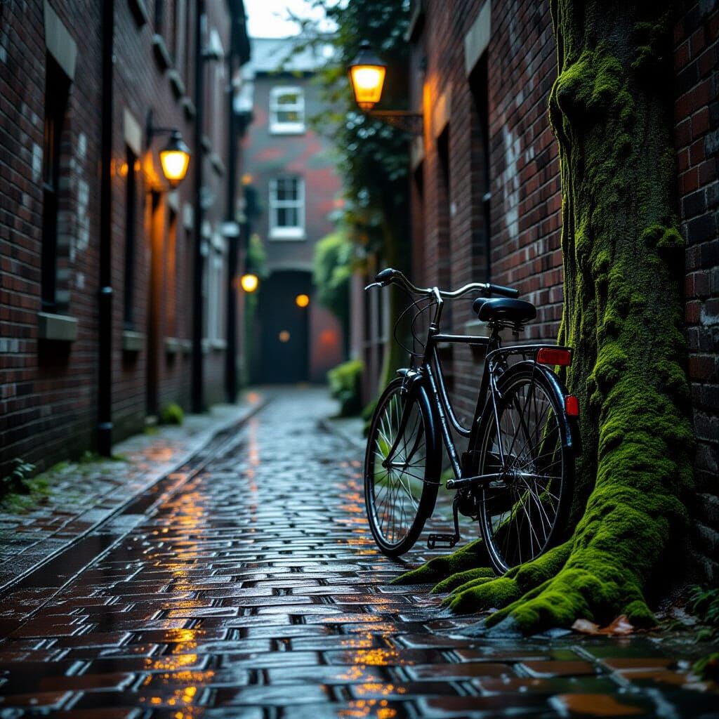 Weathered Bicycle in Shadowed Alleyway