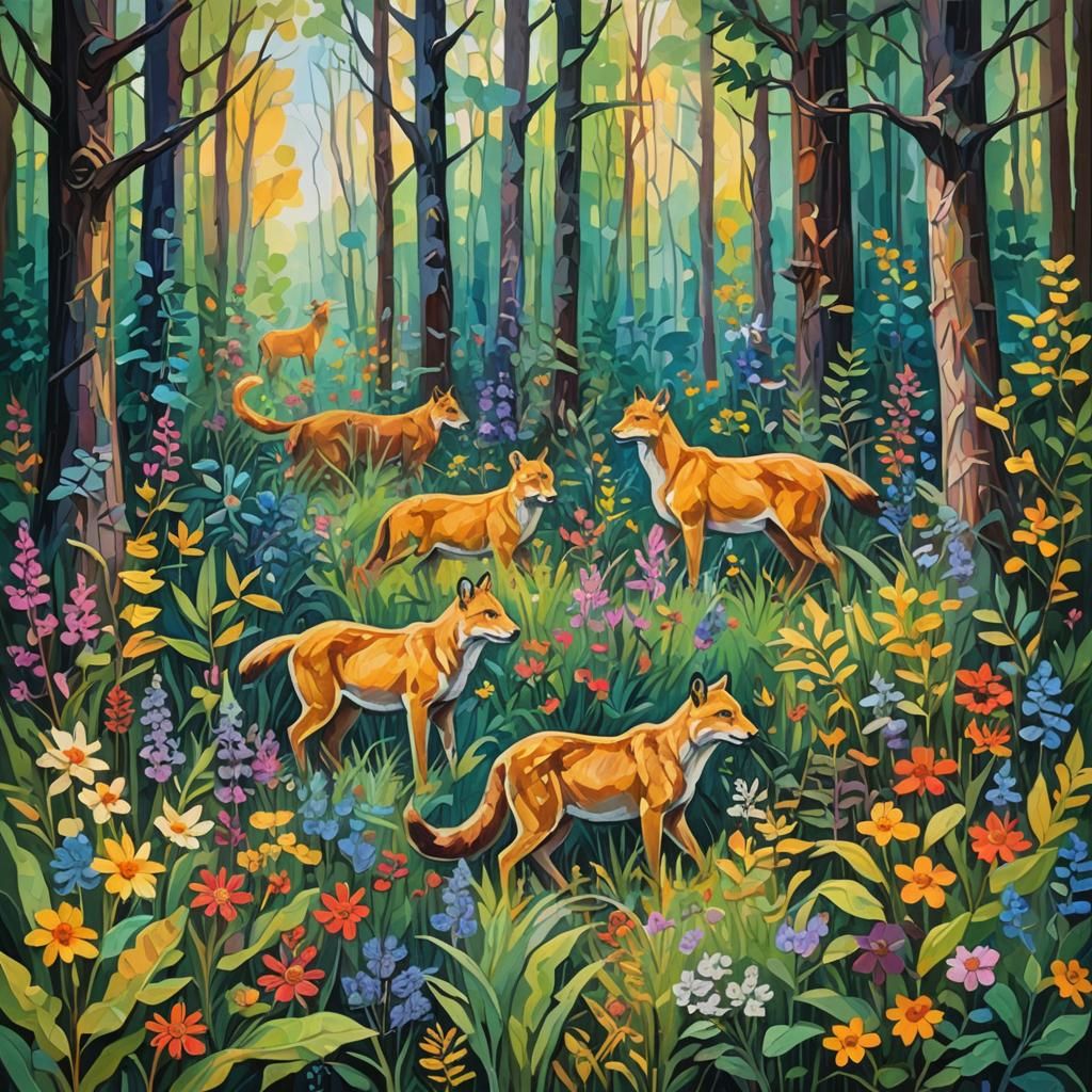 Feral Animals in Forest: Gouache Impressionism