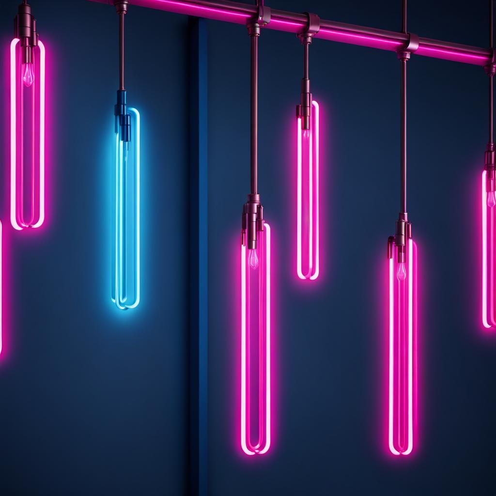 Photorealistic industrial edge hot pink neon linear blue chandelier lights