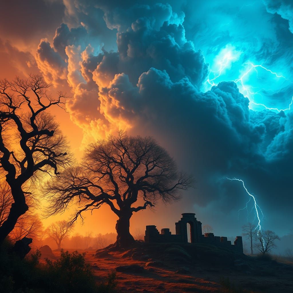 Stormy, Ethereal Landscape in Golden Orange Light