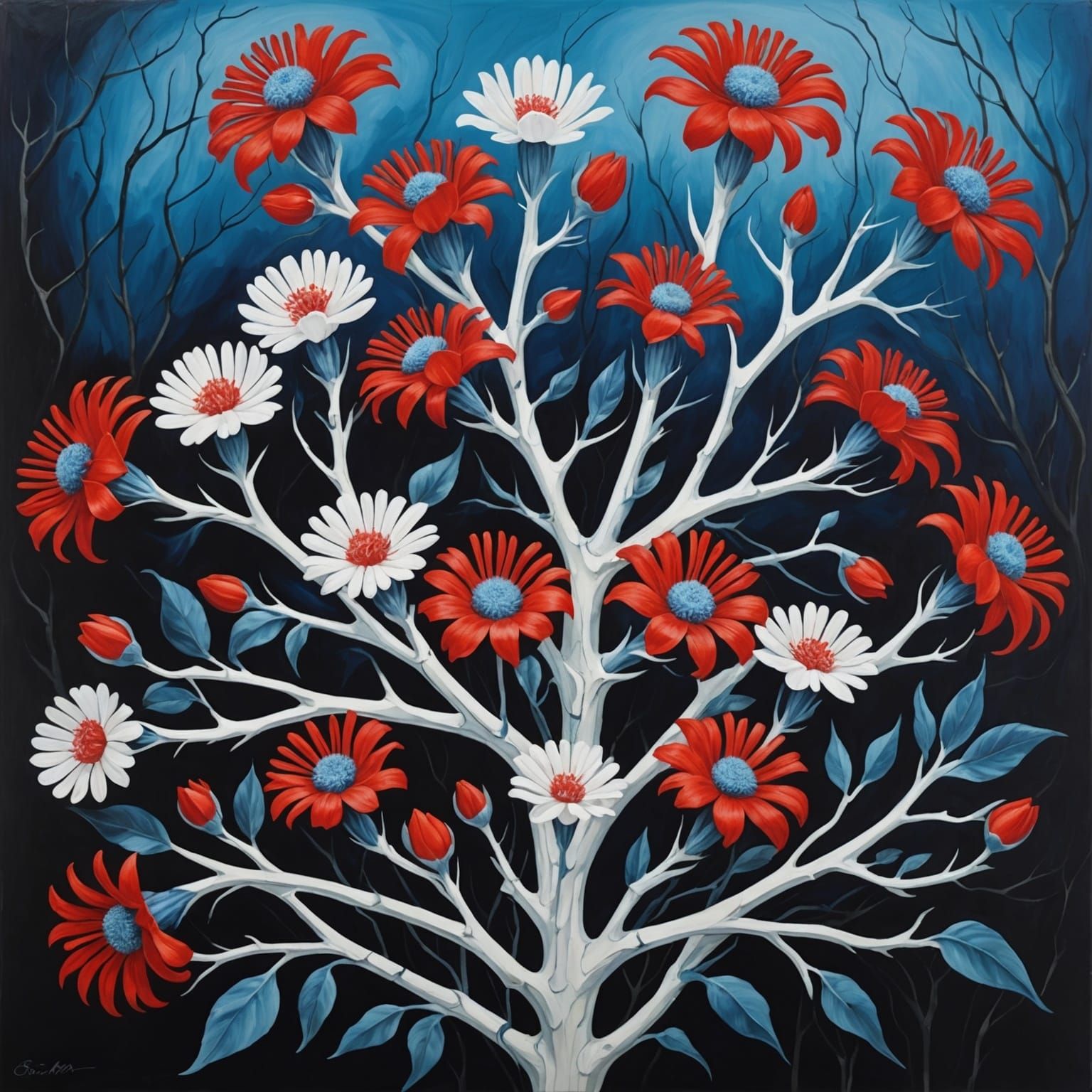 Surreal Bone Plant with Colorful Flowers, Oil Painting