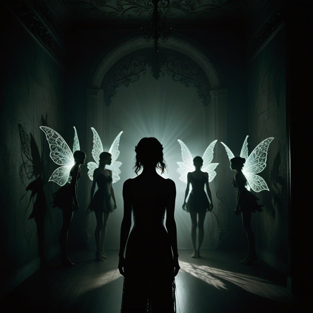 Silhouette of Woman with Glowing Fairies