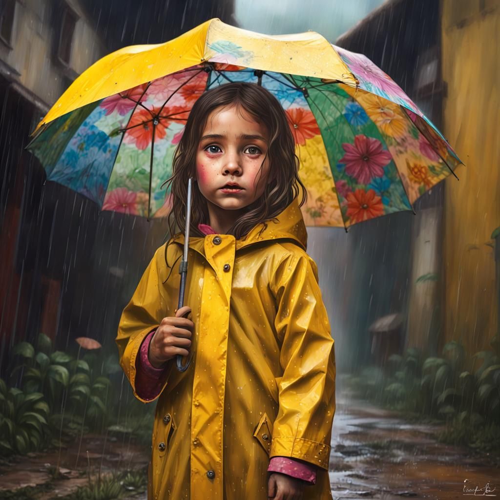 Little Girl in Rainy Village: Hyperrealistic Digital Art