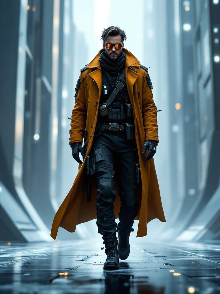 Cyberpunk Wanderer in Metallic Trench Coat