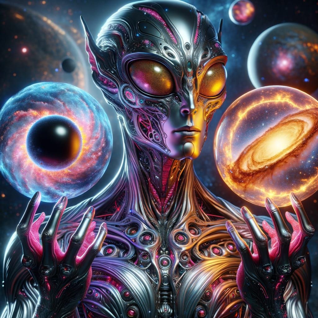 Alien Figure with Reptile-Amphibian Traits in Cyberpunk Atti...