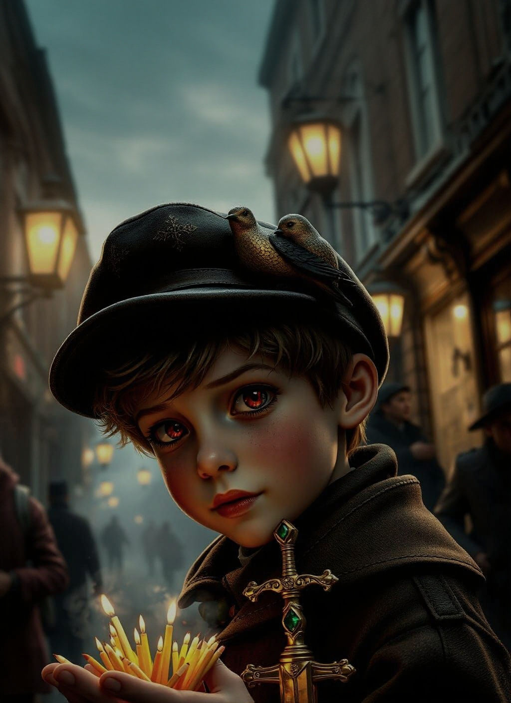 Victorian Christmas Scene with Golden Statue