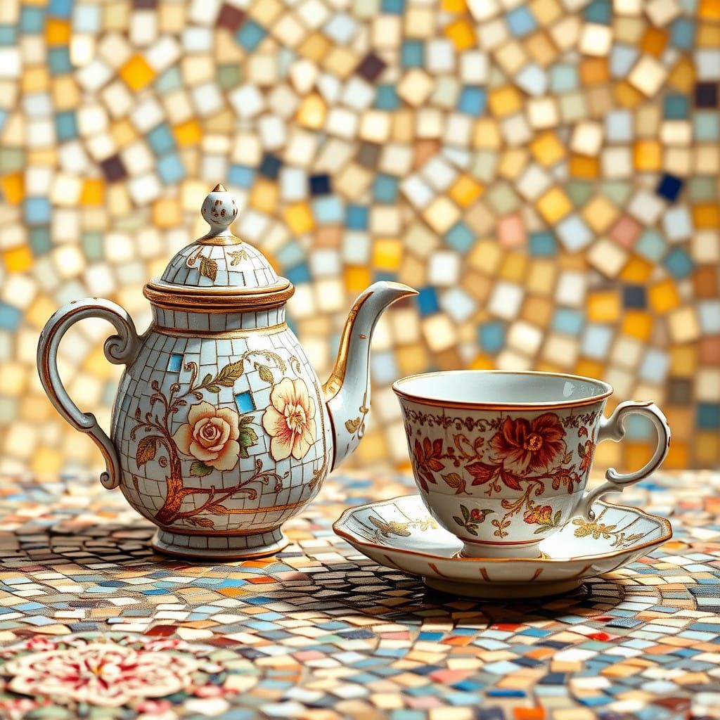 Elegant Antique-Inspired Mosaic with Tea Pot and Tea Cup