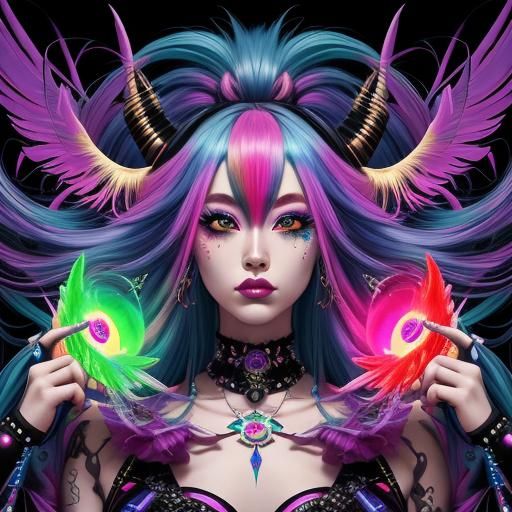 Surreal Anime Showgirl Plays Harp Under Blood Moon