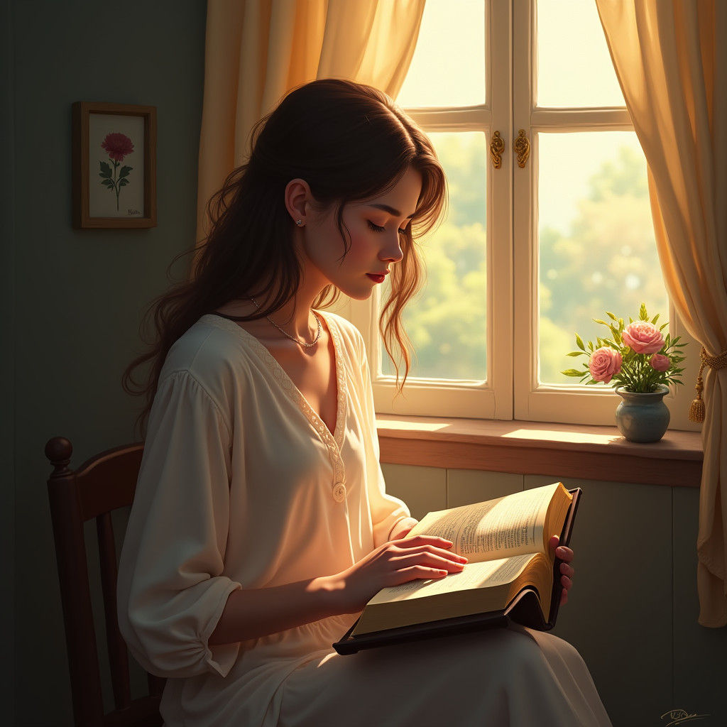 Woman Reading Bible in Sunlight: Matte Painting