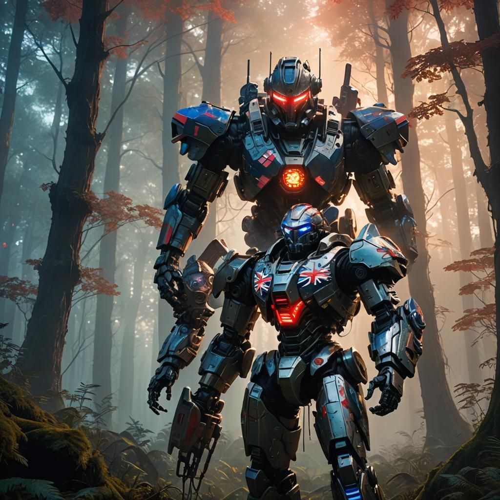 Futuristic Union Jack Knight in Mystical Forest