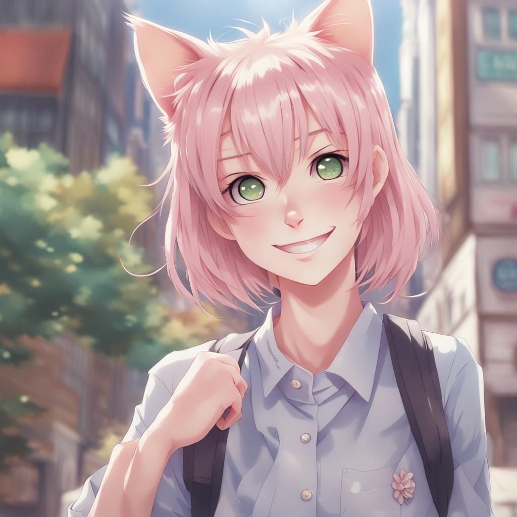 Smiling Pastel Anime Cat Girl in Manga Style
