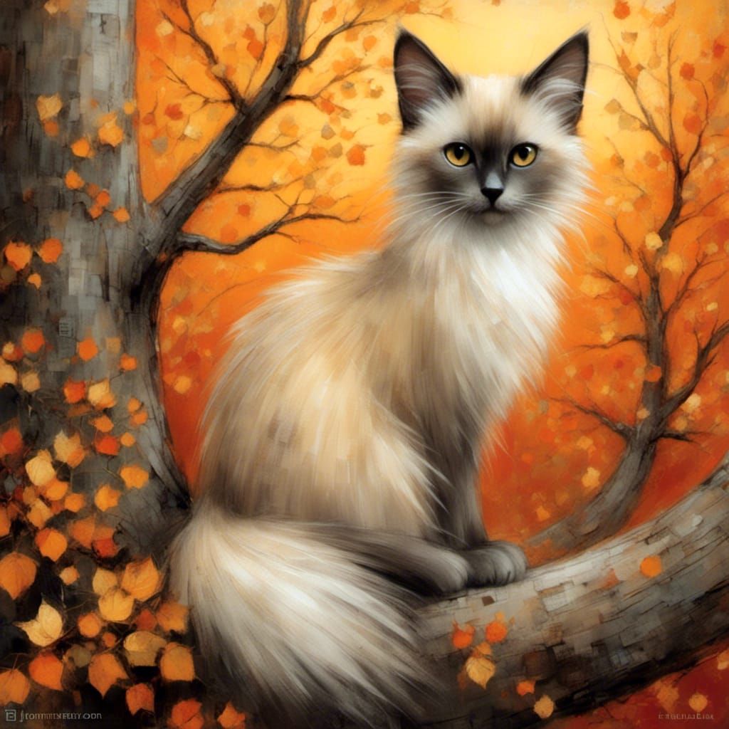 Balinese Cat in Treehouse, Charcoal and Ink Style