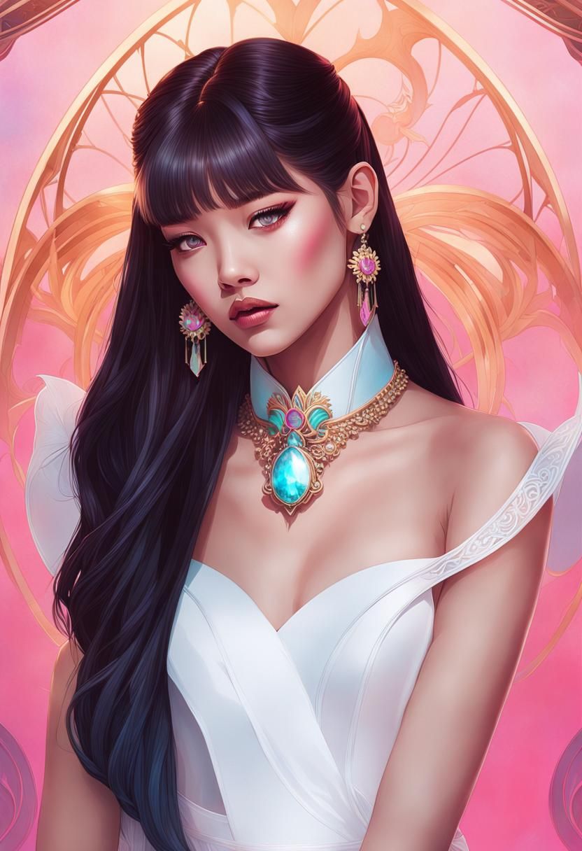 Elegant Portrait with Art Nouveau and Neon Accents