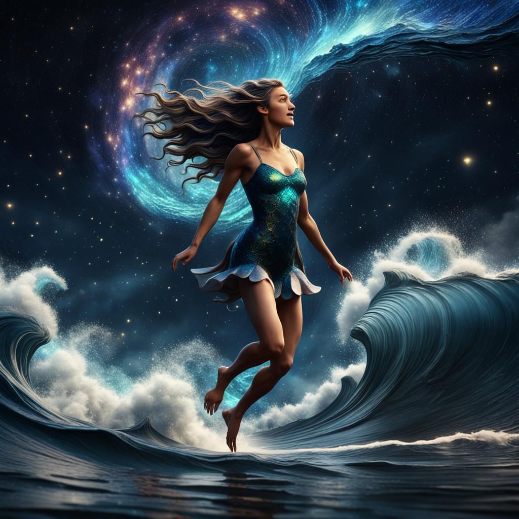 Mermaid Leaps from Starry Wave: Fantasy Art