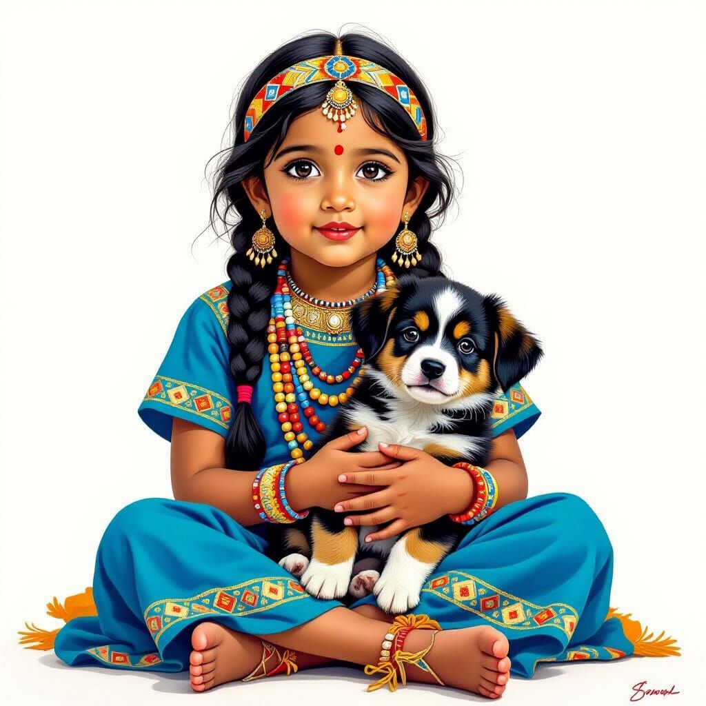 Indian Girl with Puppy in Classical Style