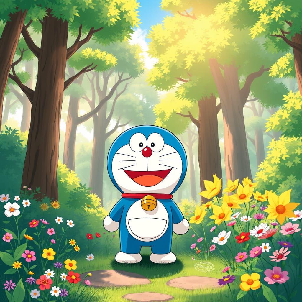 Doraemon in a Sunlit Forest, Anime Style