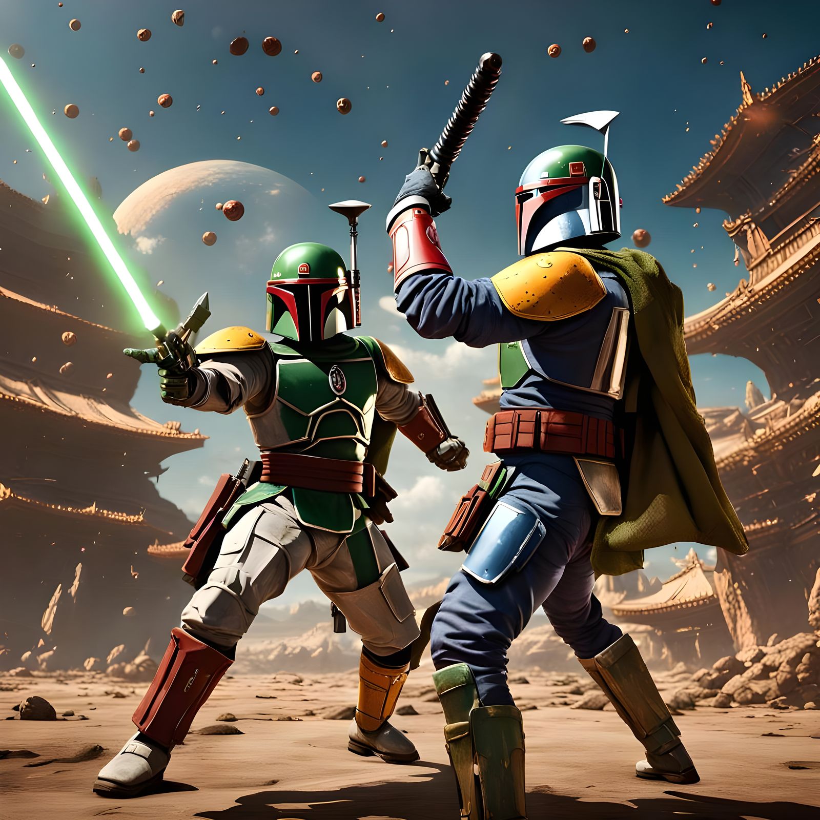 Boba Fett and Vegeta Clash in Epic Fantasy Battle