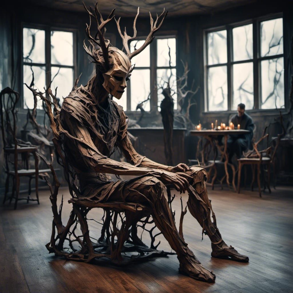 Man in Buffalo Mask, Watercolor with Wolves