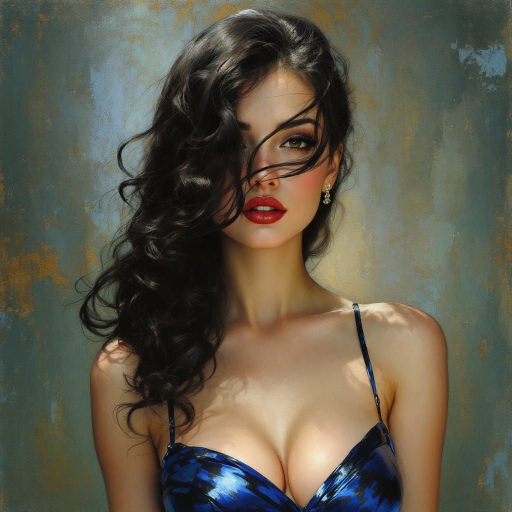 Raven Haired Pin Up in Metallic Blue Dress