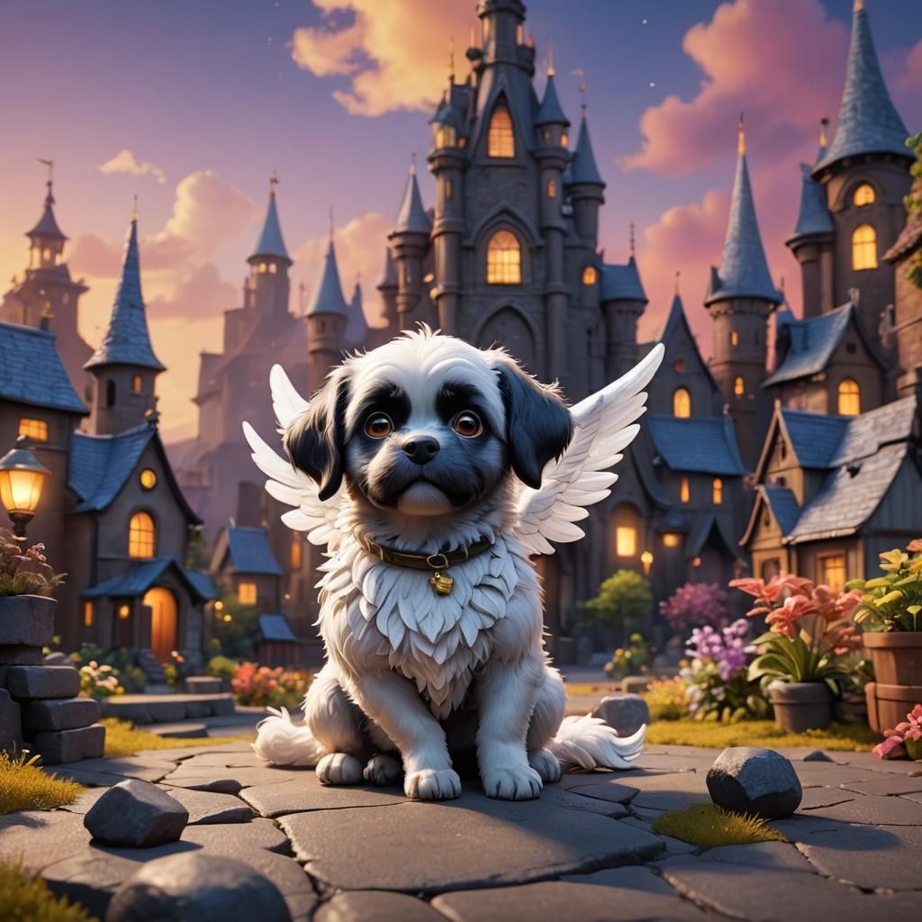 Cute Angel Dog in Black Landscape: 3D Digital Art