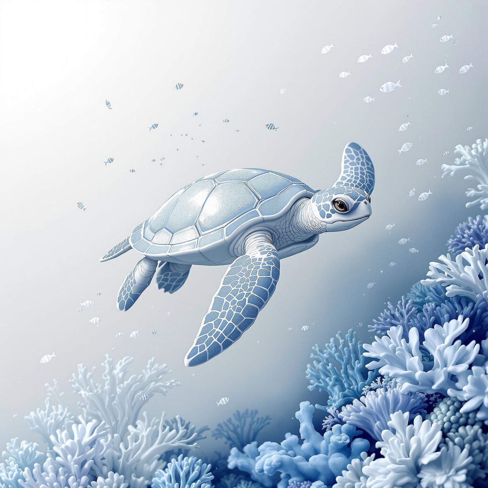 Ethereal Turtle in a Vibrant Coral Reef Scene