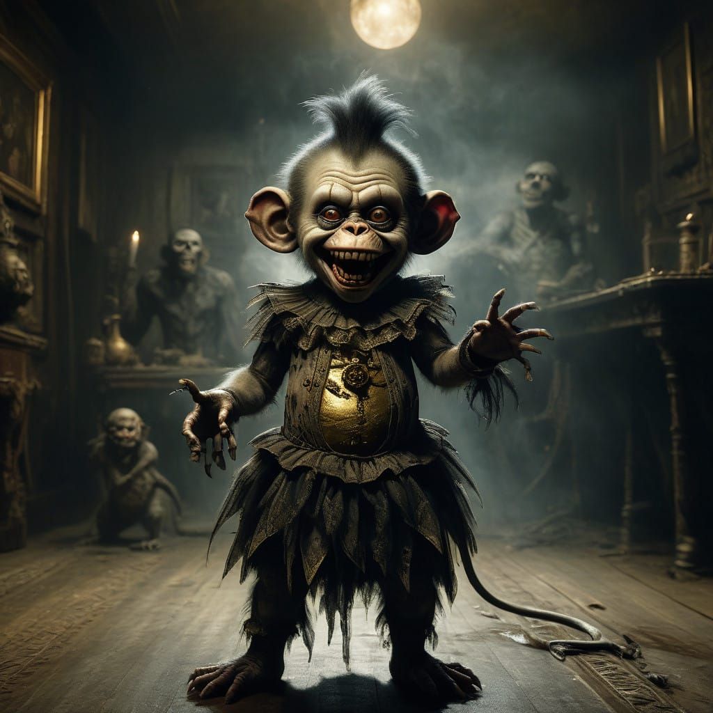 Grotesque Burlesque Toddler in Zombie Monkey Clown Attire Gr...