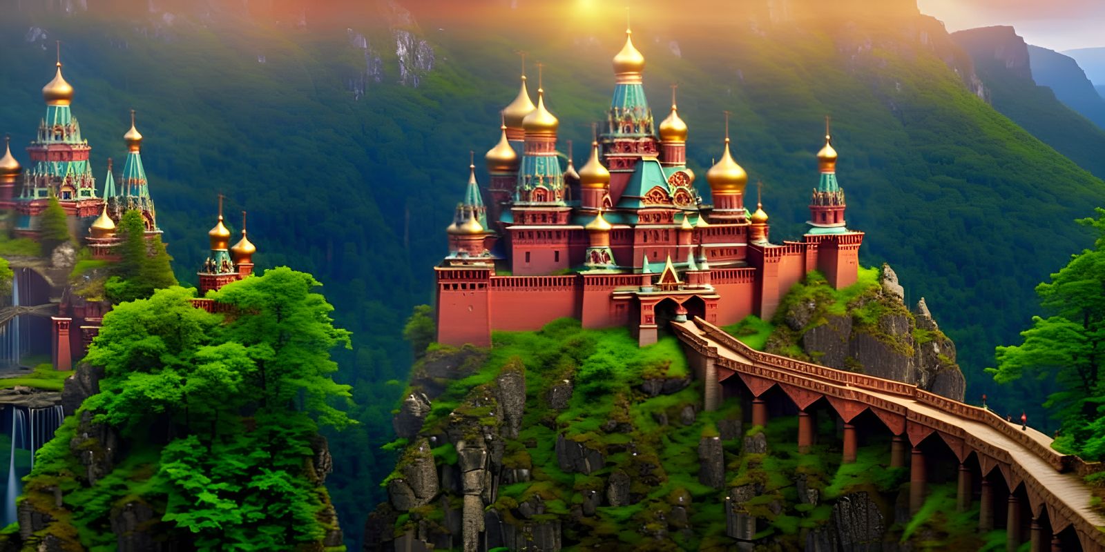 Fantasy Castle in Garden Landscape, Art Nouveau Style