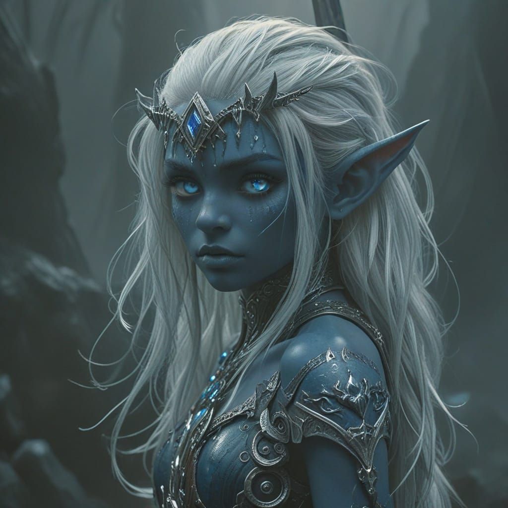 Dark Fantasy Elf Warrior with Electric Blue Eyes in Warhamme...