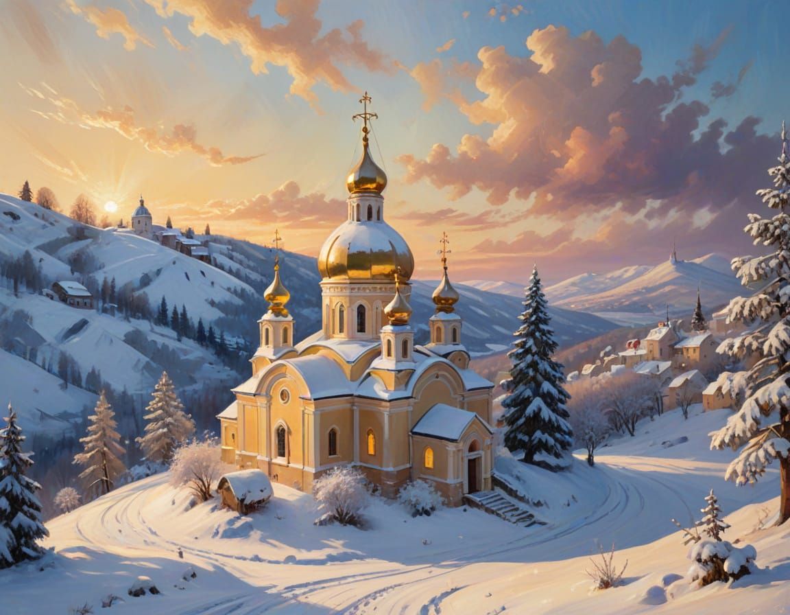 Winter Orthodox Church in a Painterly Style
