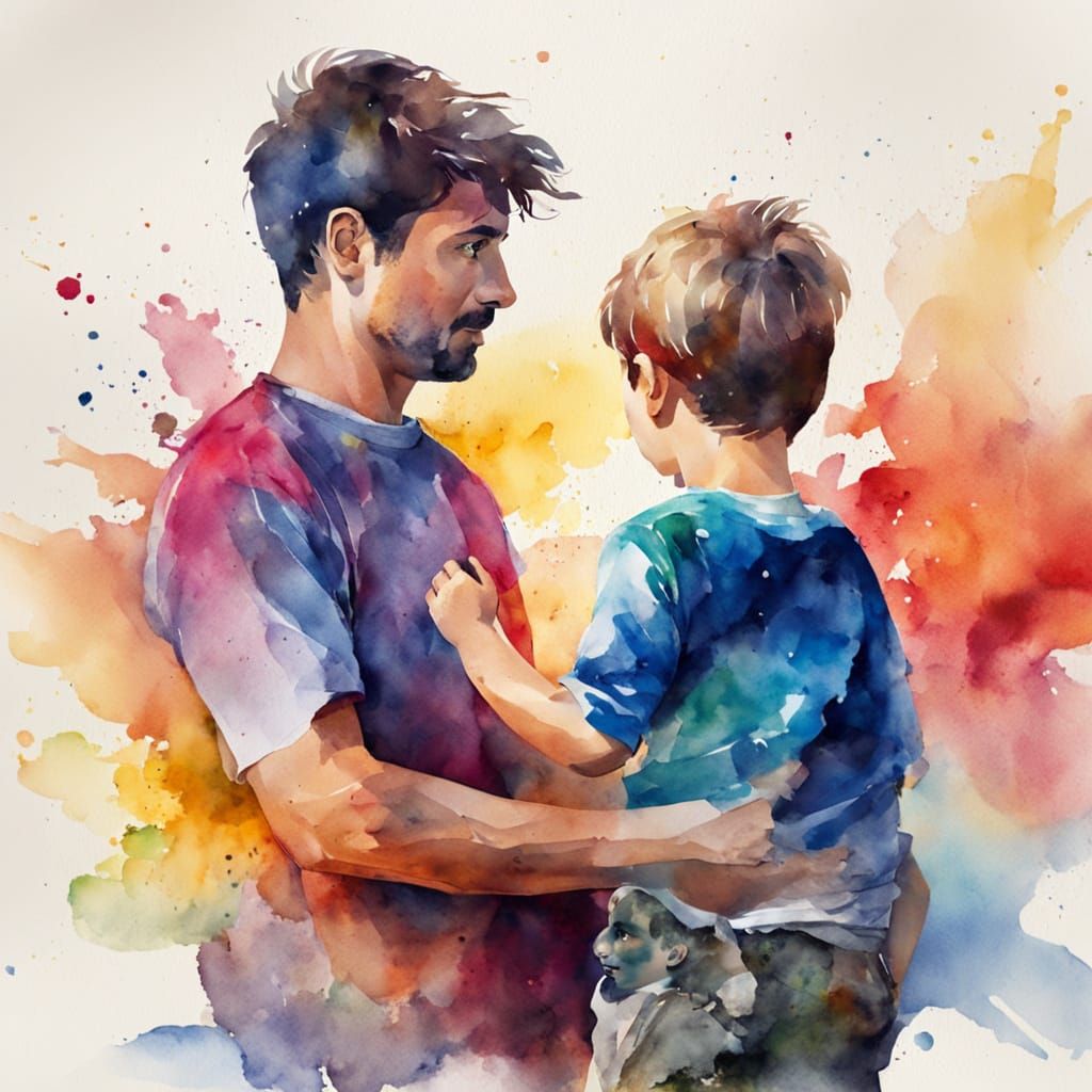 Father and Son in Vibrant Watercolor