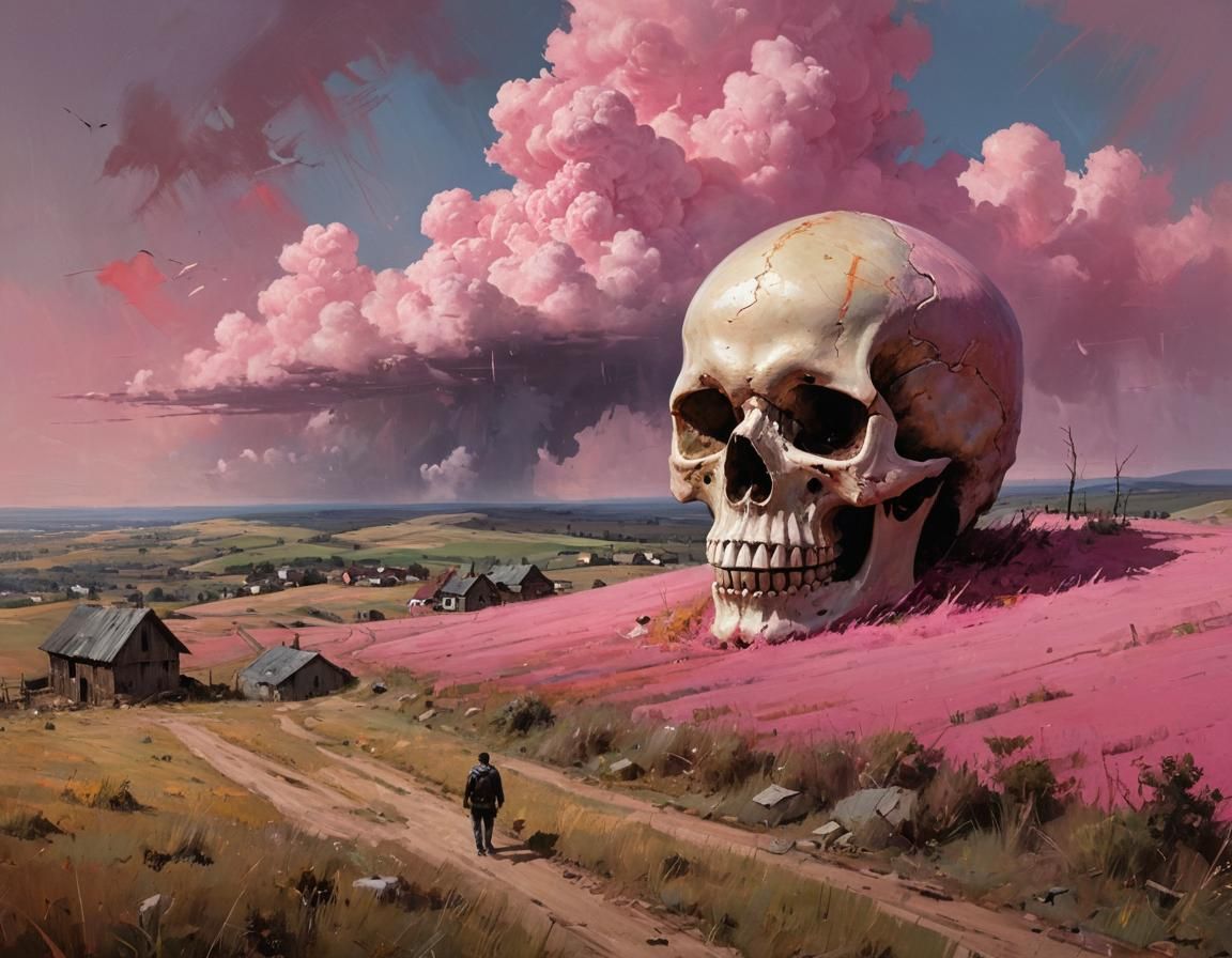 Giant Skull Landscape: Oil Painting on Pink Hills