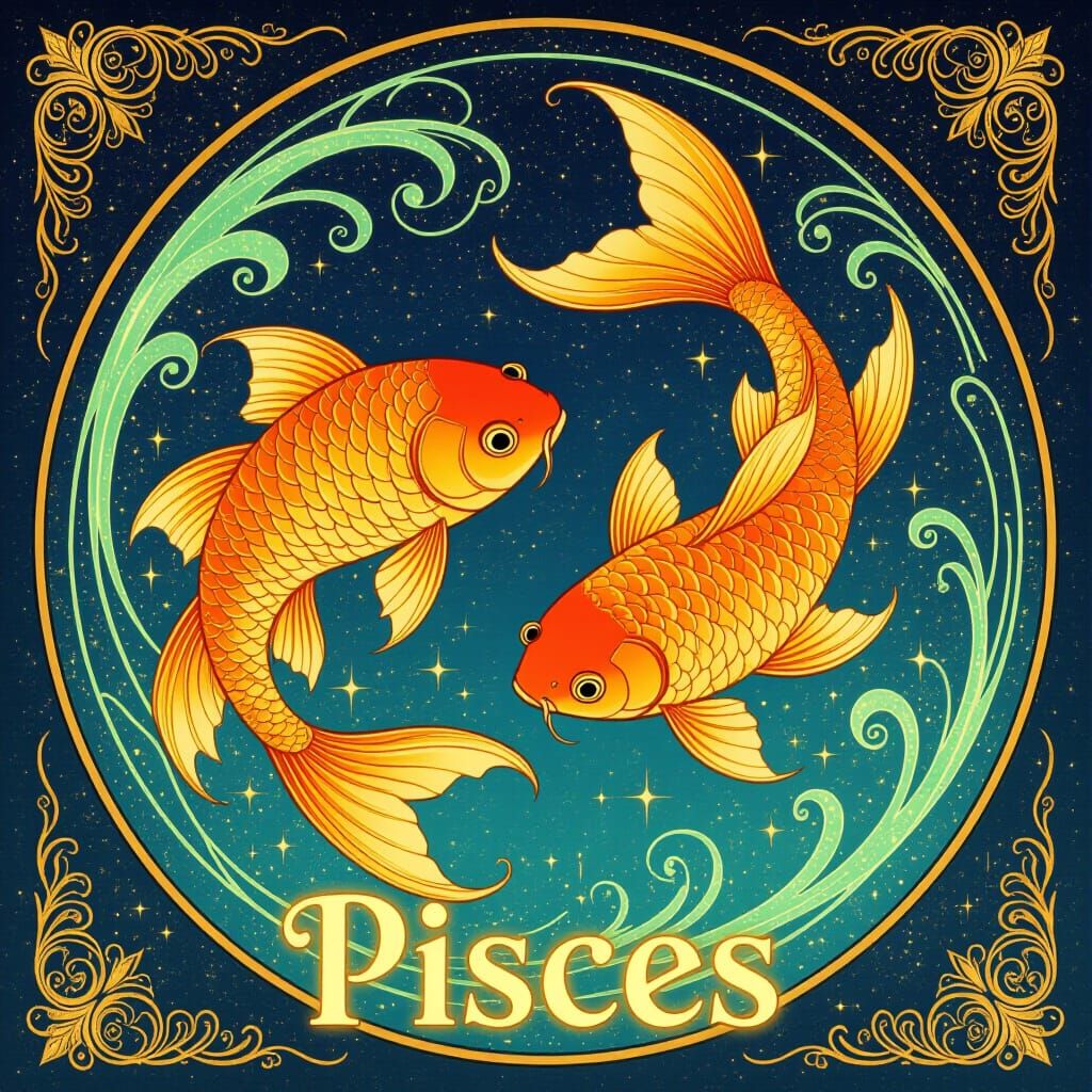 Pisces Zodiac Sign in Art Nouveau Style